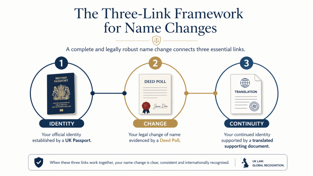 Identity, change, and continuity framework for name change document translation in the UK