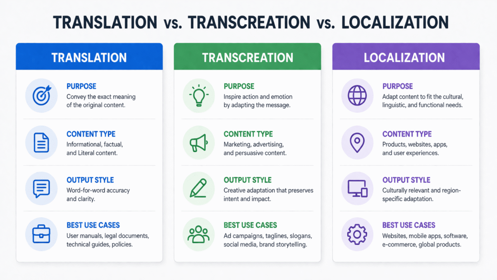 Infographic comparing translation, transcreation, and localization by purpose and use case