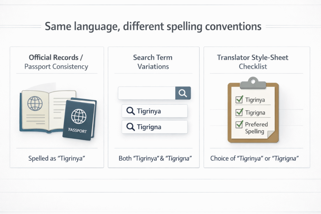 Infographic explaining Tigrinya and Tigrigna spelling variants in translation work