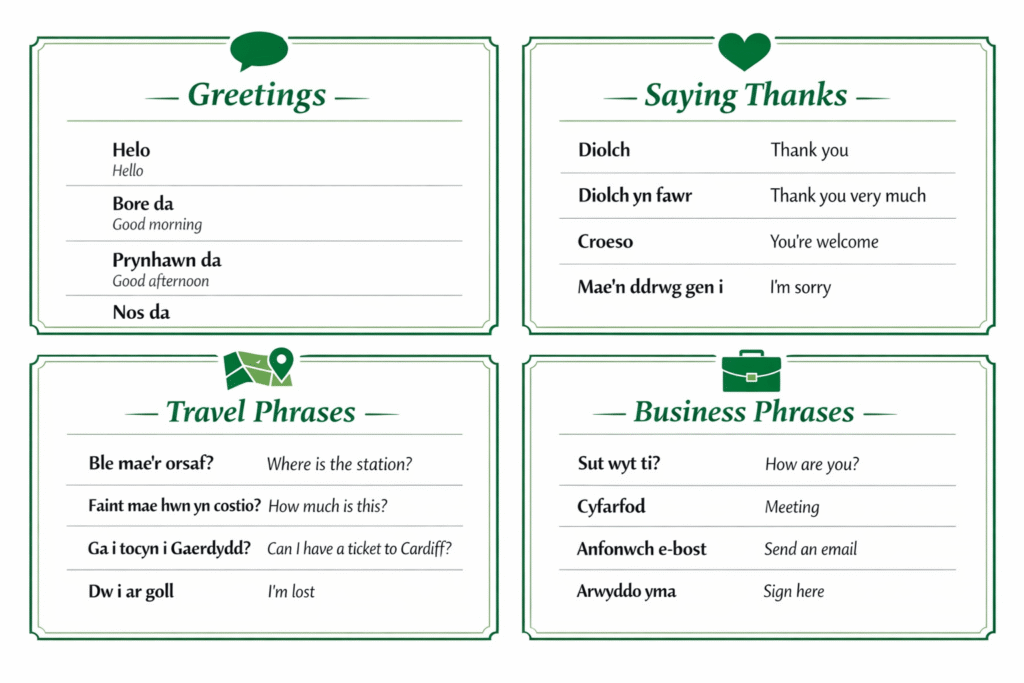 Infographic of common Welsh phrases for greetings, travel, and business