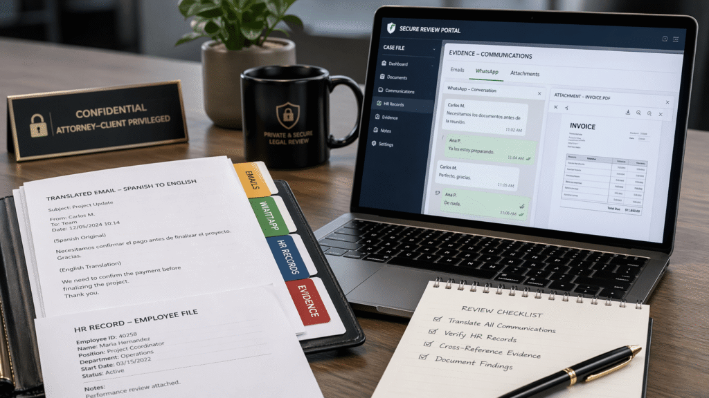 Legal evidence translation for emails, messages and HR documents in a workplace dispute