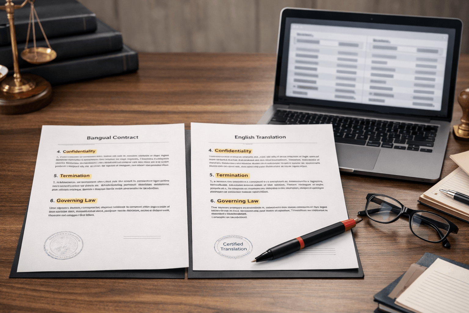 Legal translator reviewing a bilingual contract with clause numbers and document annotations in a law office