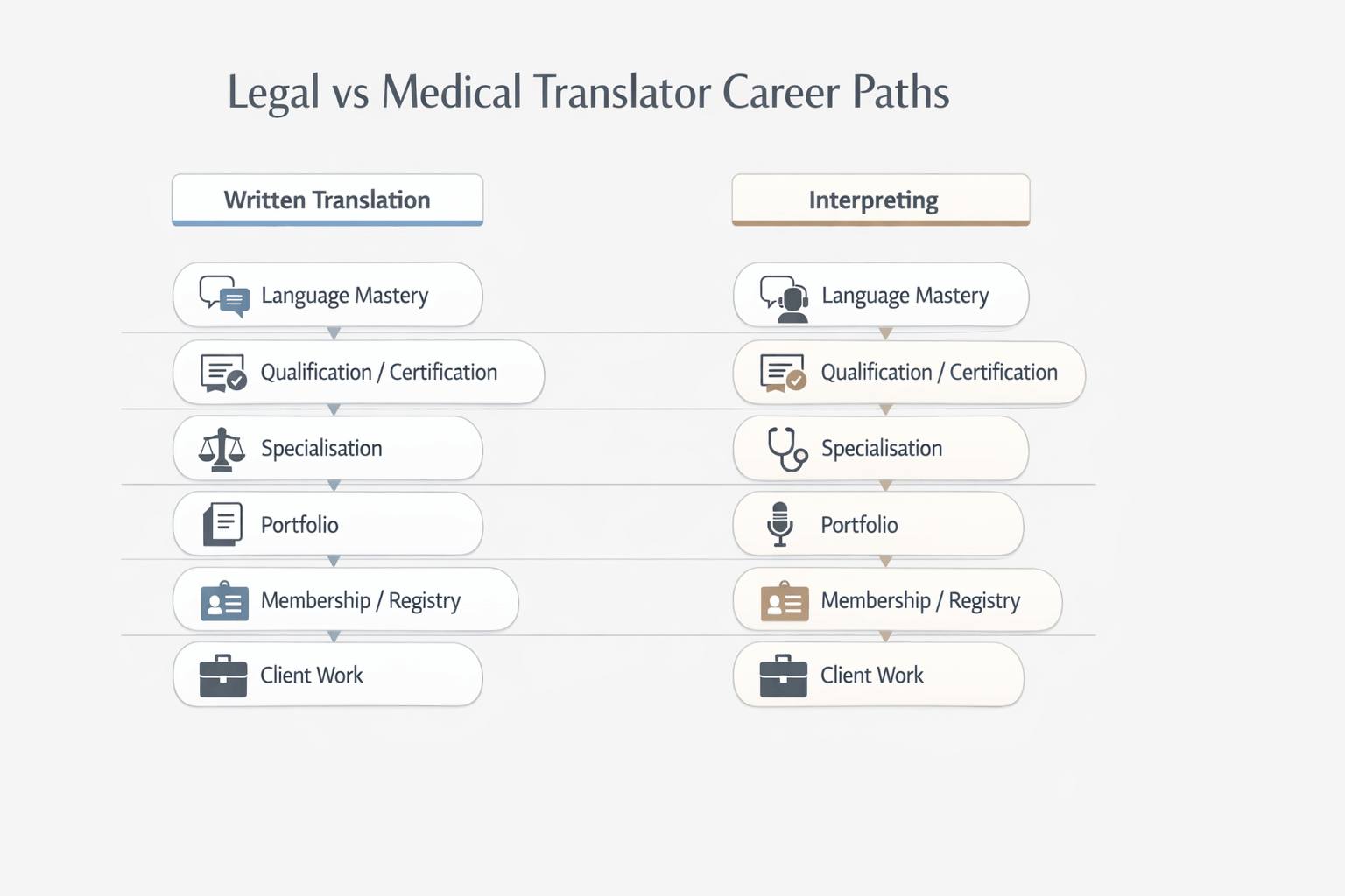 Legal vs medical translator career path infographic showing translation and interpreting routes