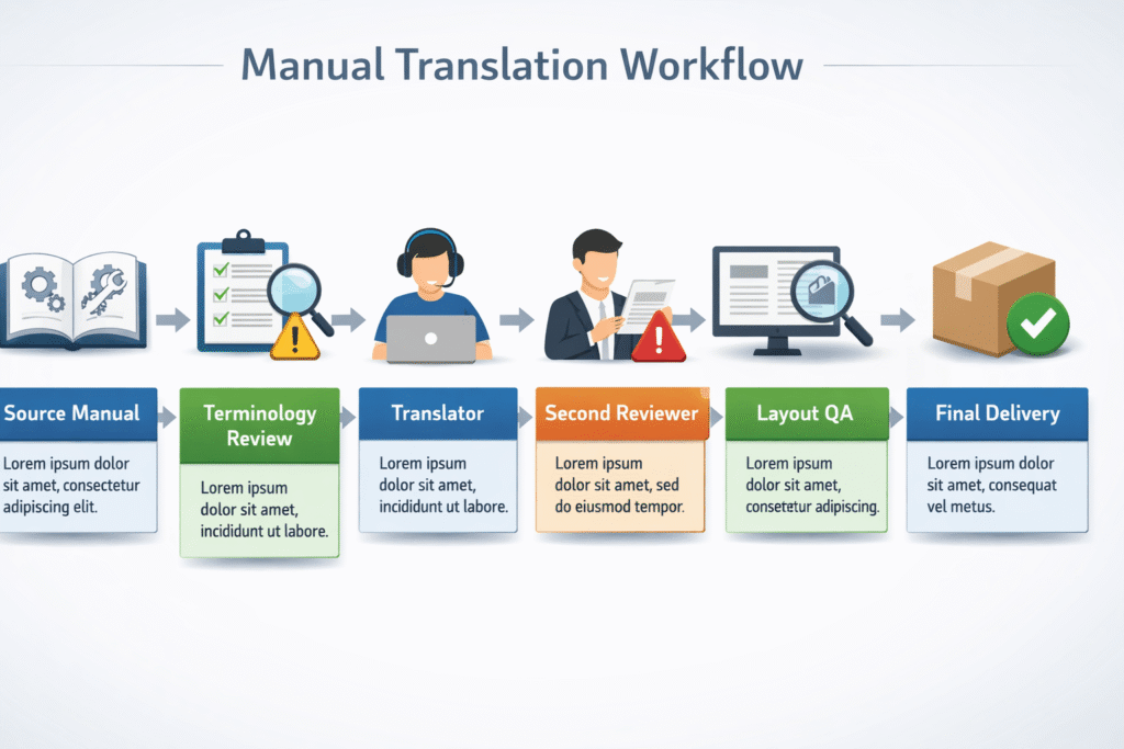 Manual translation workflow with terminology review, revision, layout QA, and final delivery