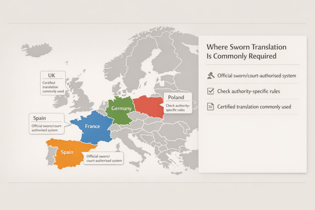 Map infographic highlighting countries where sworn or court authorised translations are commonly required, with a UK certified translation note