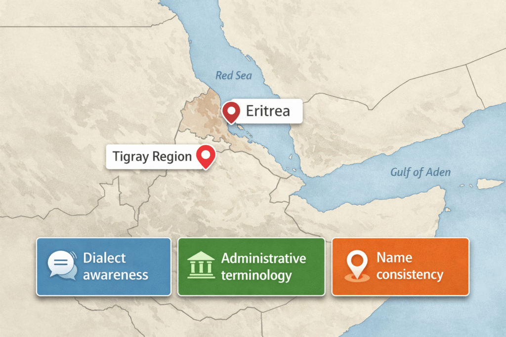 Map style visual showing Eritrea and Tigray region for Tigrinya dialect context