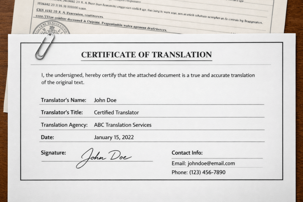Official document translation certificate for UK visa submission