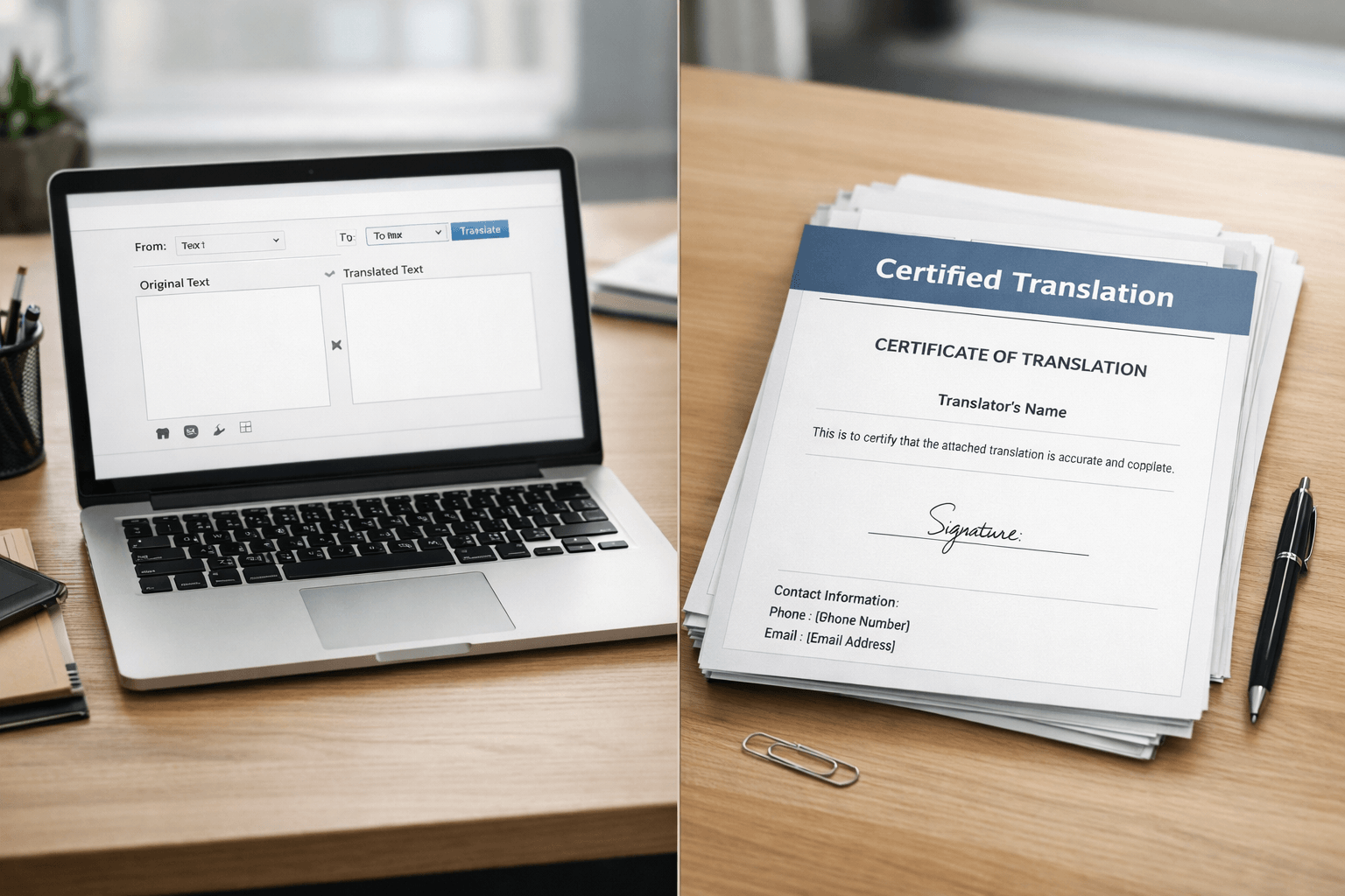 Online translation tool vs certified translation document pack on a modern office desk