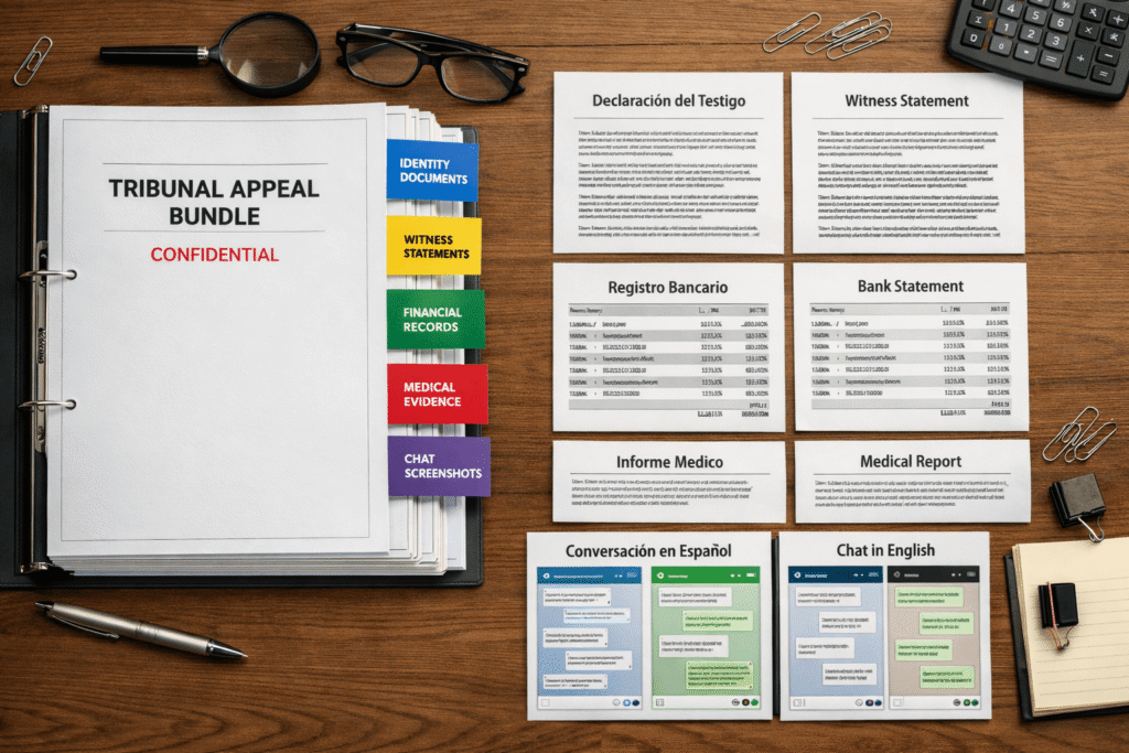 Organised appeal bundle with translated tribunal evidence, witness statements, and supporting documents