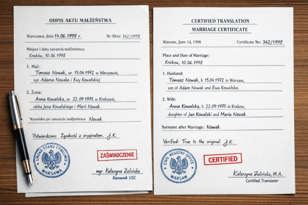 Original foreign language civil record shown next to its full certified English translation