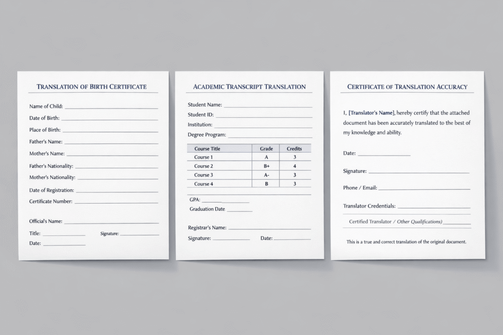 Portfolio mockup showing sample certified translations and a certificate of translation accuracy page