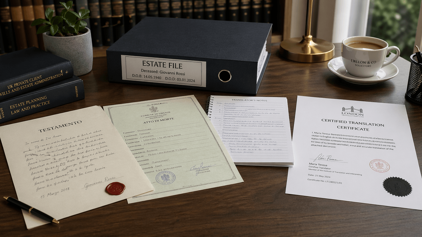 Probate document translation UK bundle with foreign will, death certificate, and certified translation certificate