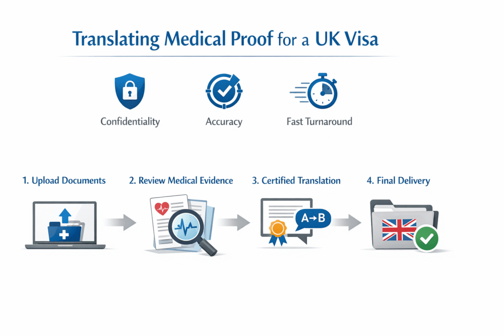 Process for certified medical evidence translation for UK visas