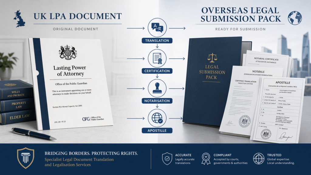 Process showing LPA translation, certification, notarisation, and apostille for overseas use