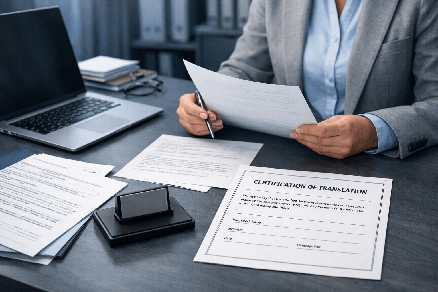 Professional translator preparing a certified translation document in a UK office
