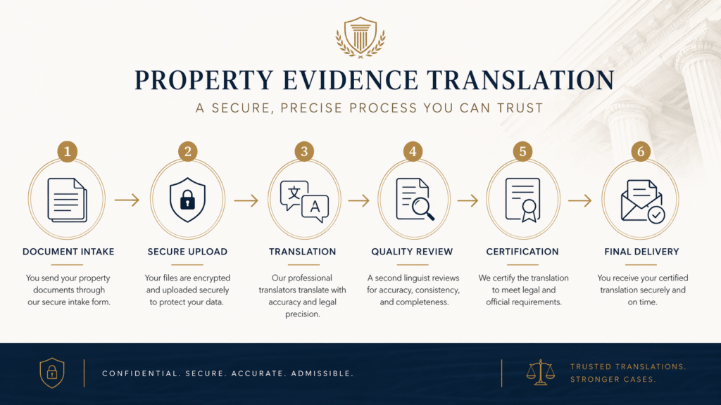 Secure upload to certified delivery workflow for property evidence translation