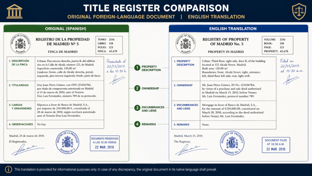 Side by side title register translation showing mirrored formatting and visible legal marks