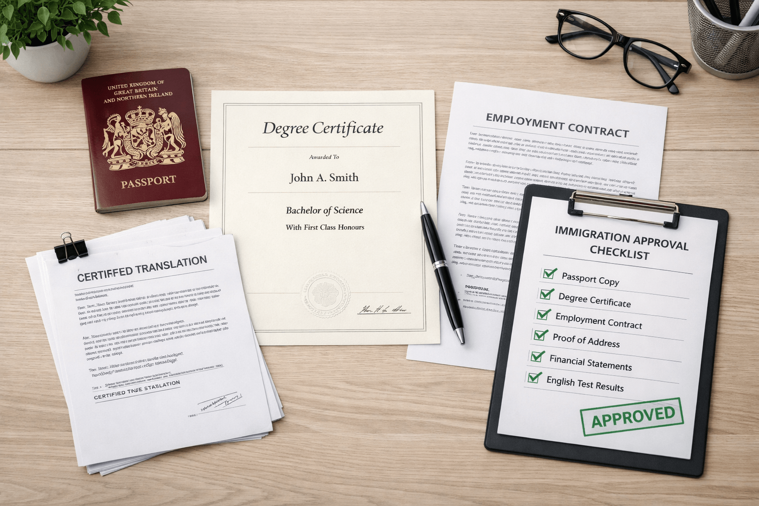 Skilled Worker visa supporting documents with certified translations on a UK office desk