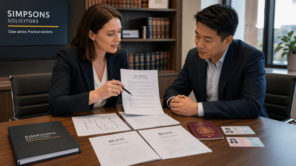 Solicitor reviewing translated property sale documents with a client during a conveyancing appointment
