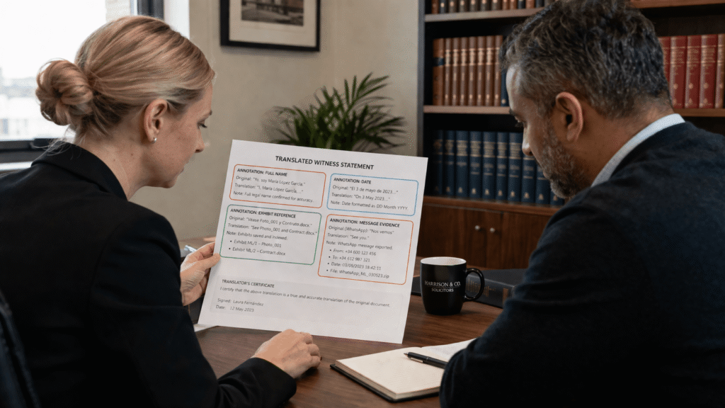 Solicitor reviewing translated witness statement for a UK visa appeal