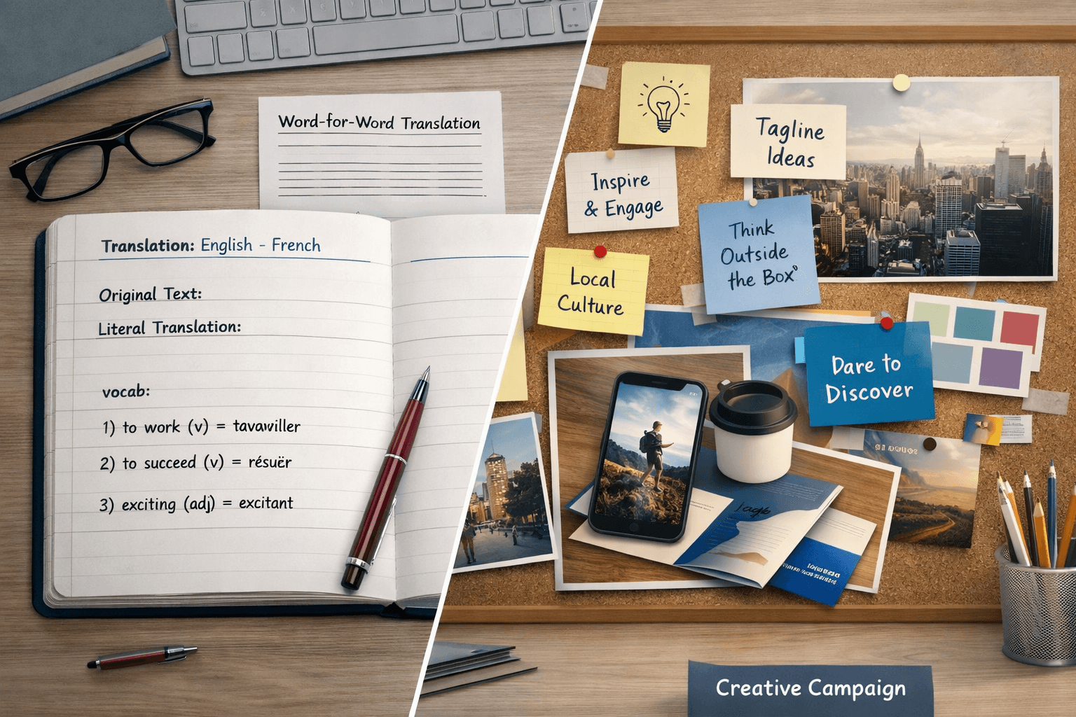 Split screen visual showing literal translation on one side and creative transcreation workflow on the other