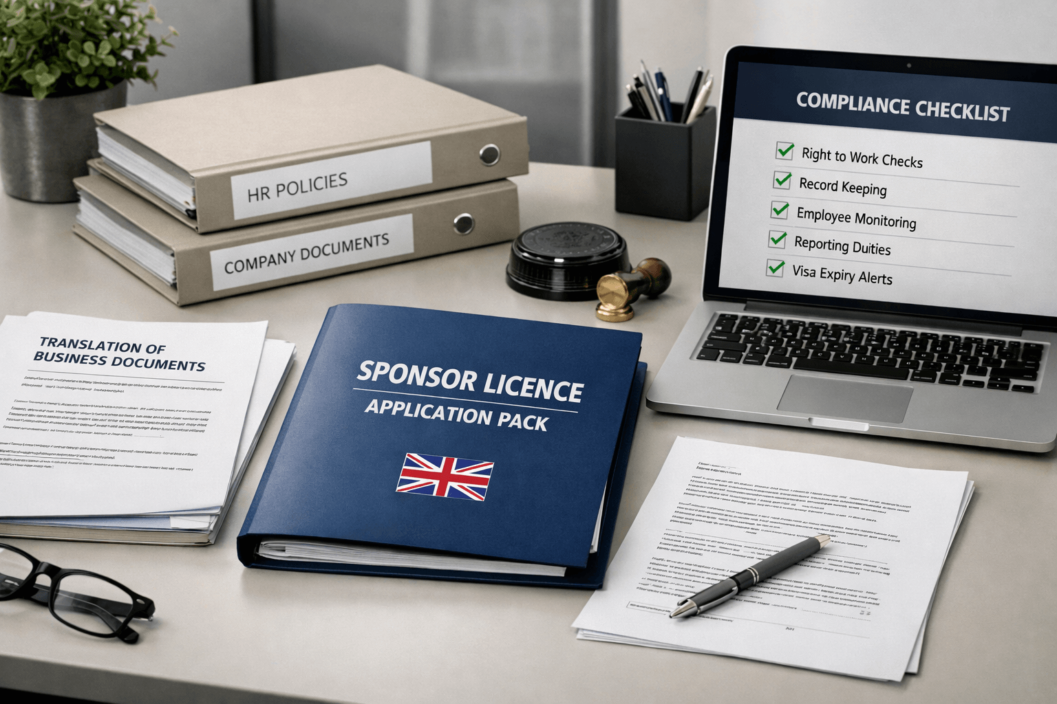 Sponsor licence document translation pack with business evidence and HR policy files for a UK application
