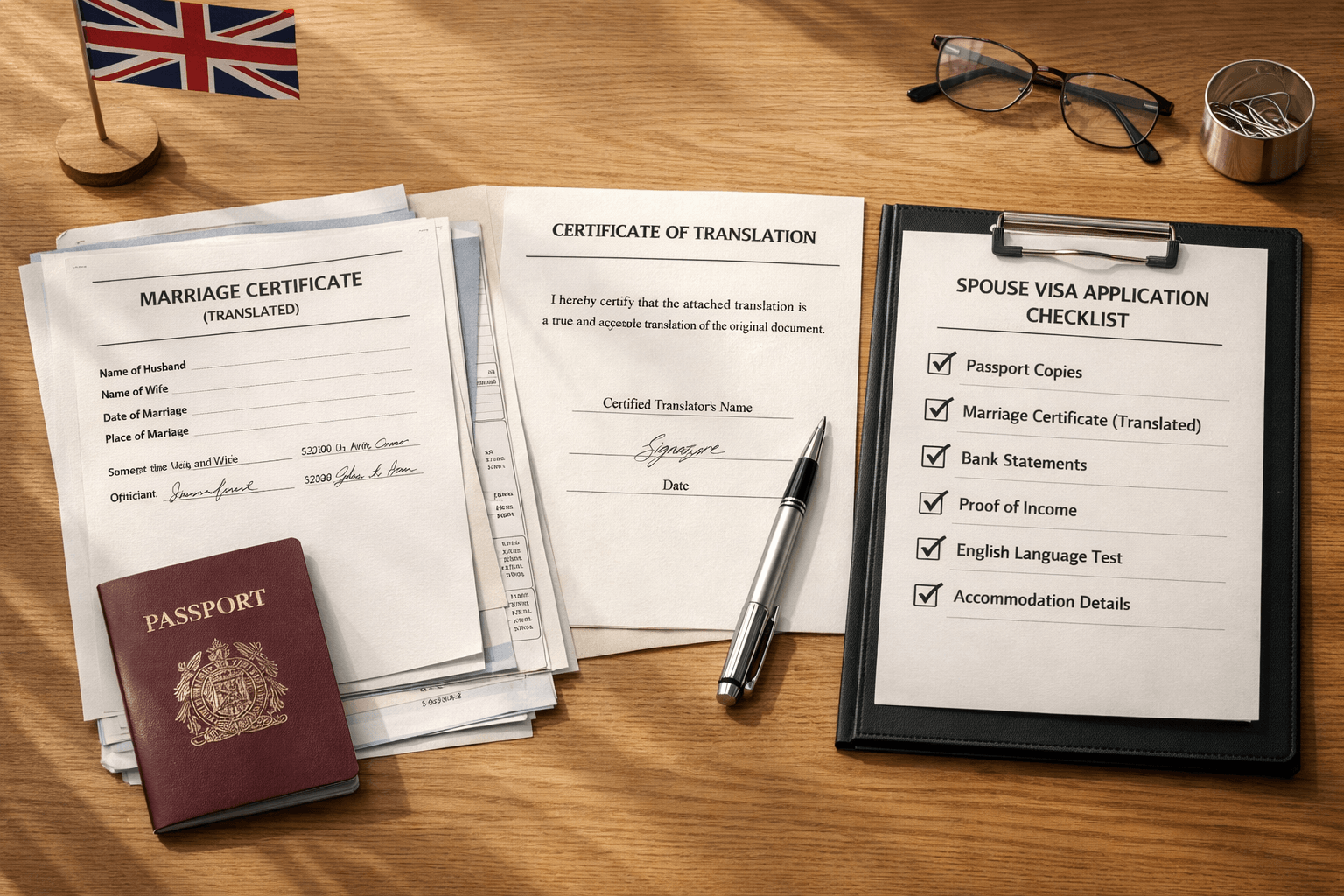Spouse visa supporting documents with a certified translation certificate on a desk