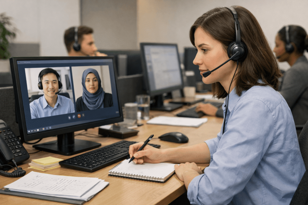 Staff member using a telephone interpreter service for a multilingual support call