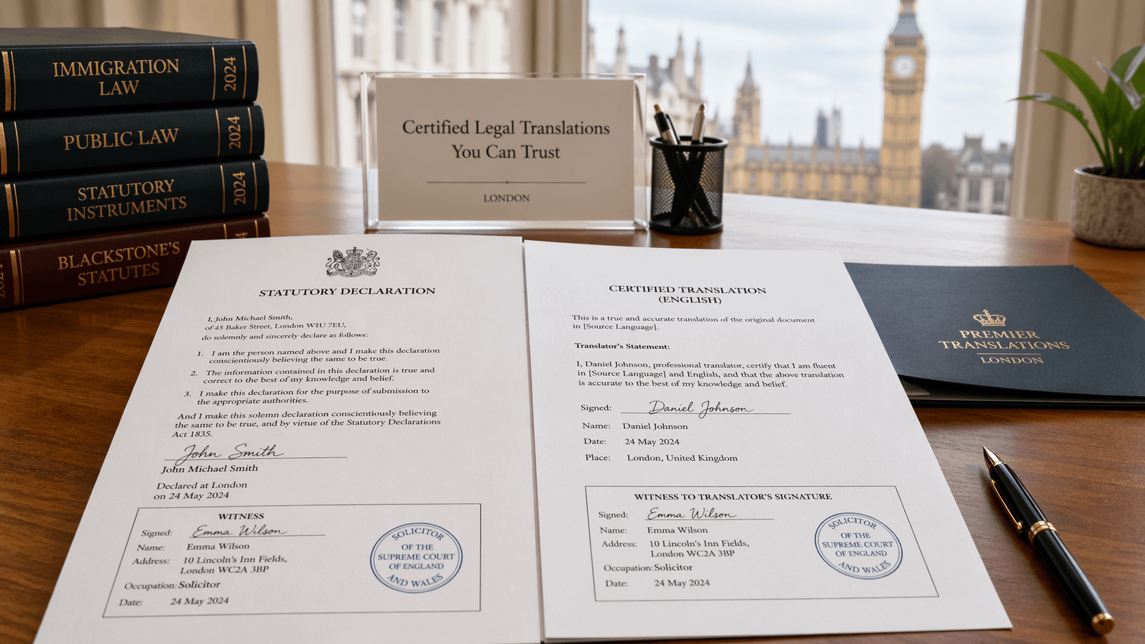 Statutory declaration translation for UK use with certified English document pack