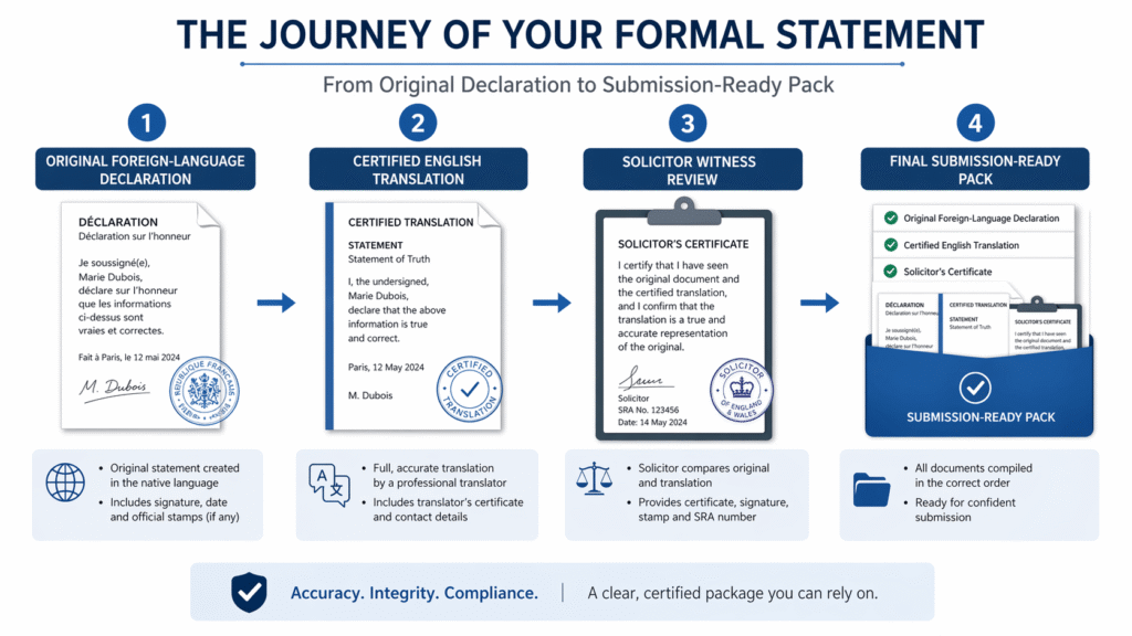 Statutory declaration translation process from original document to accepted format