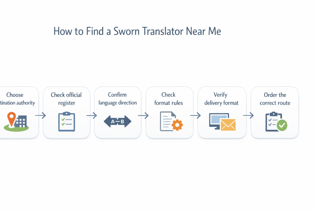 Step by step flowchart for finding a sworn translator and confirming acceptance requirements