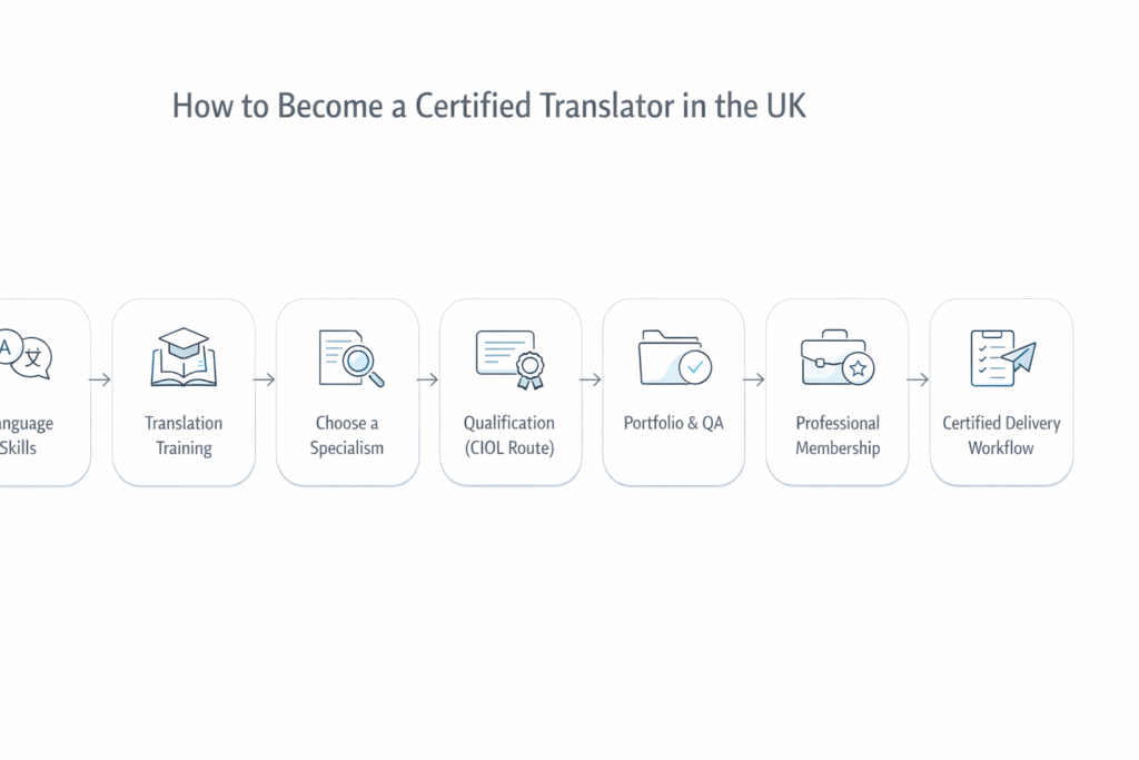 Step by step pathway showing how to become a certified translator in the UK