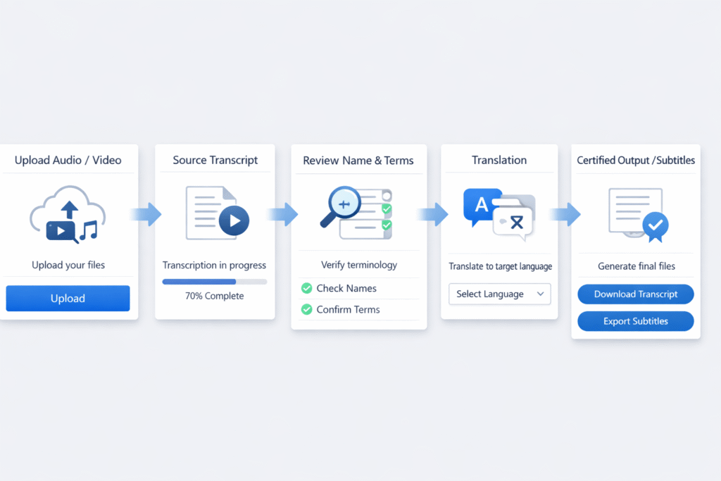 Step by step process for transcribing and translating from source audio to final translated output