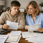 Student and parent reviewing translated income and family documents for a student finance application