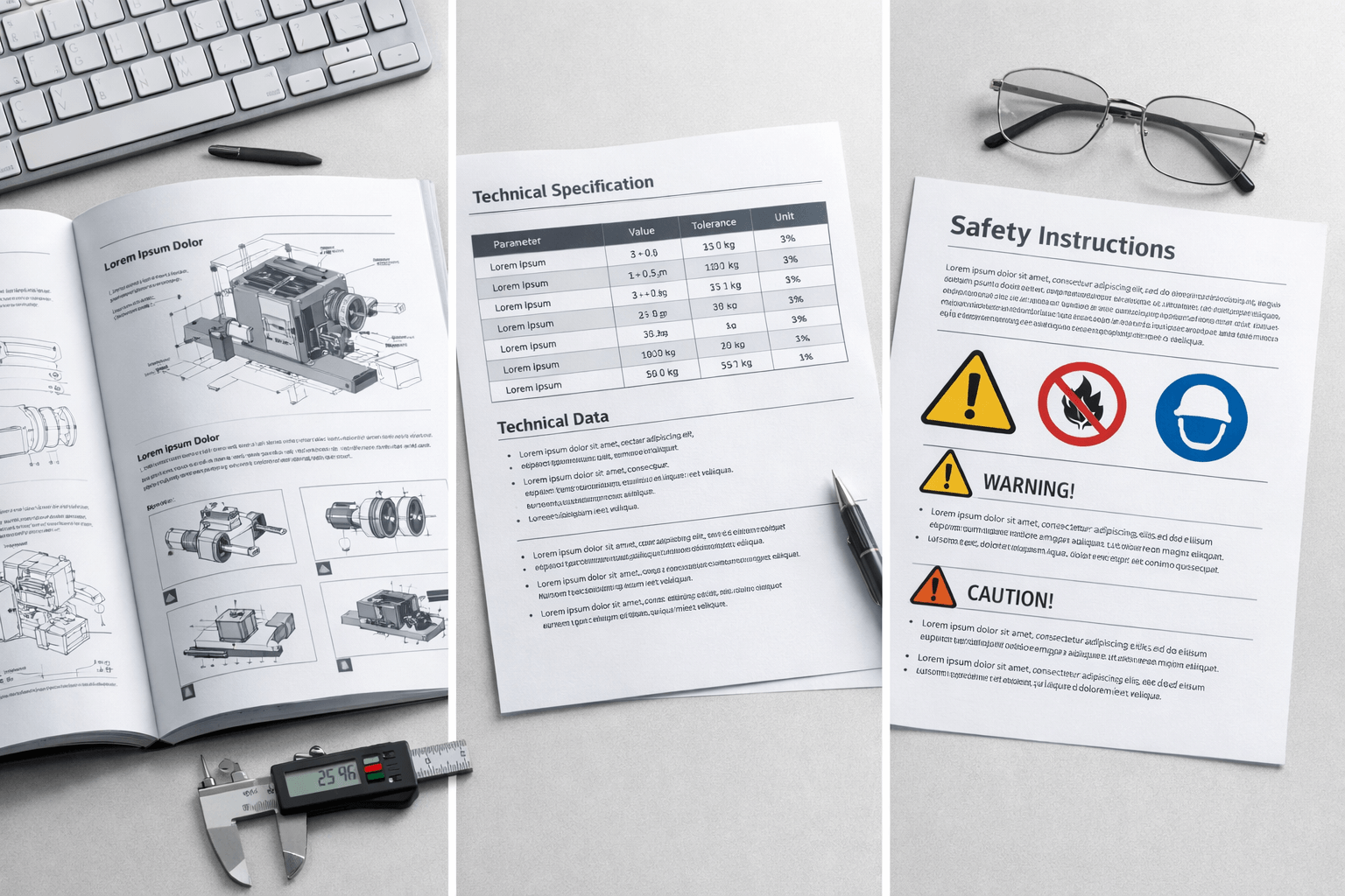 Technical translation for manuals, specifications, and safety documents shown in a desk scene