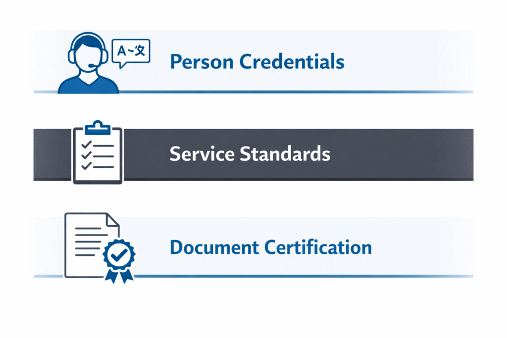 Three layer model showing translator credentials, service standards, and certified translation documents