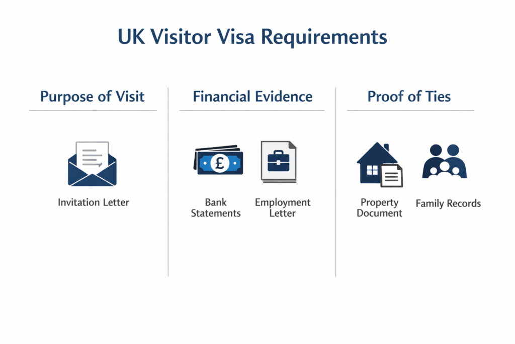 Three part visitor visa evidence map showing purpose, funds, and proof of ties translation