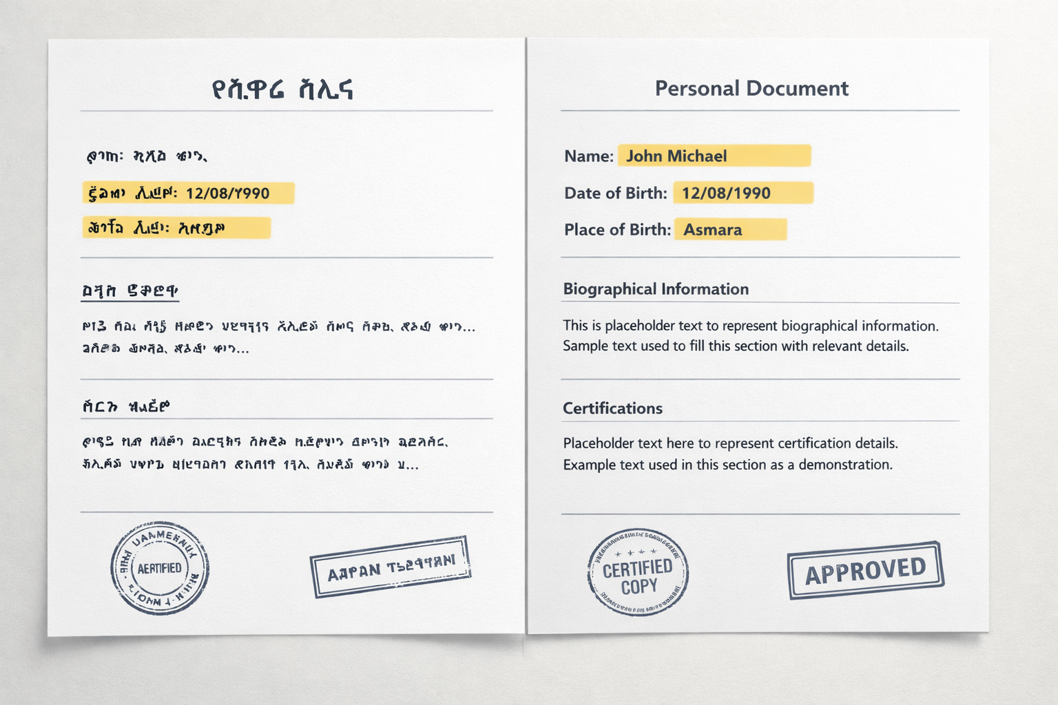 Tigrinya document and matching English translation layout side by side