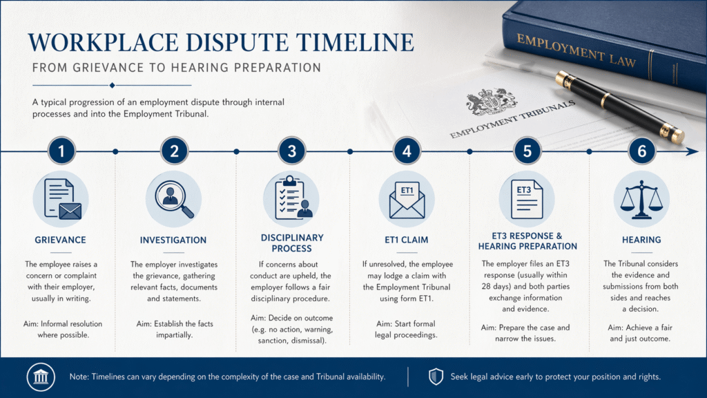Timeline of workplace dispute documents from grievance to ET3 response and hearing