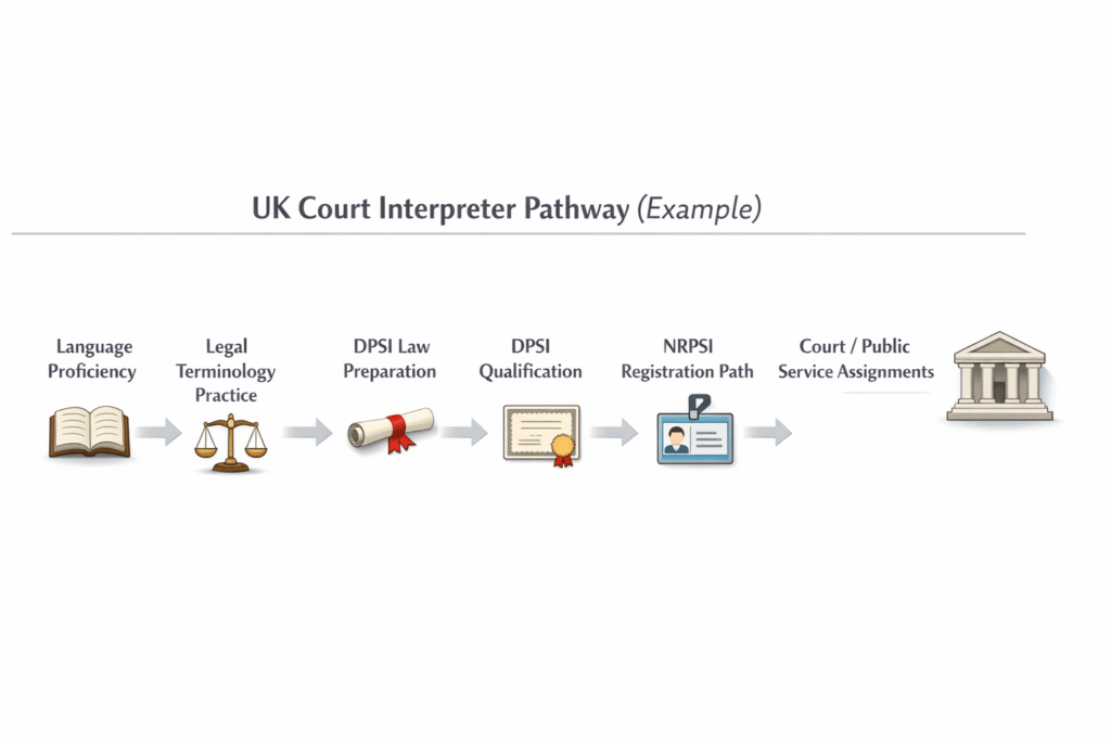 Timeline showing a typical UK pathway into court and public service interpreting, including DPSI and NRPSI