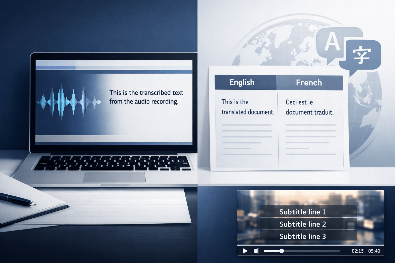 Transcribing and translating comparison showing audio to text transcript, translated document, and subtitle workflow