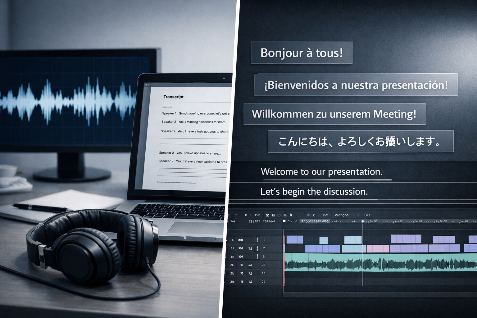 Transcribing and translating workflow shown with audio waveform, transcript text, and multilingual subtitle editing