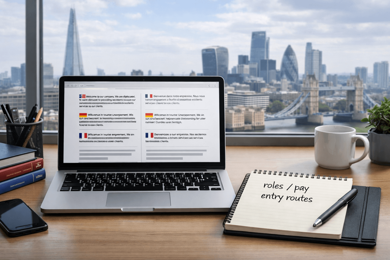 Translation jobs in London guide with multilingual workspace and London skyline