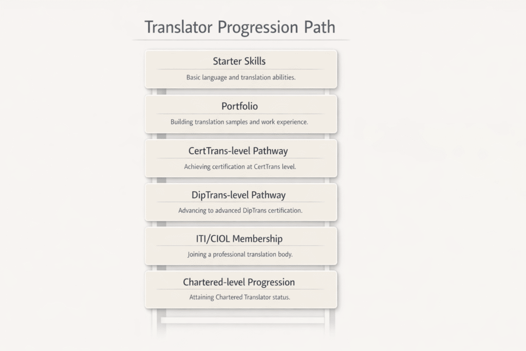 Translator career progression ladder from beginner skills to advanced professional recognition