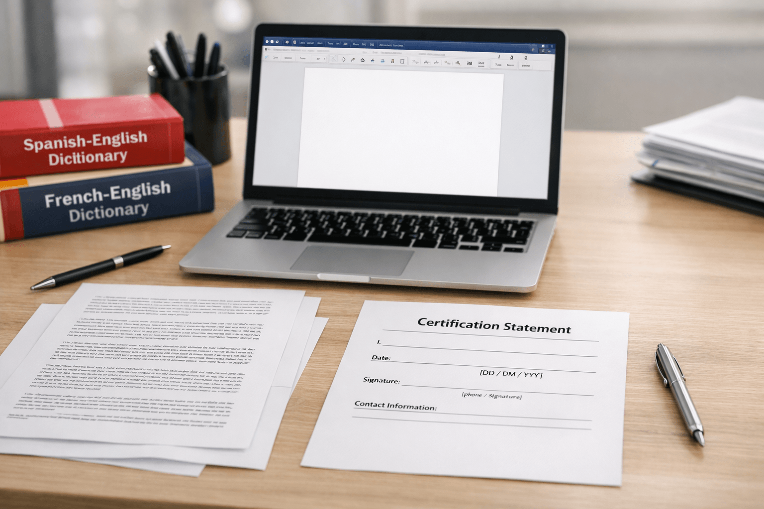 Translator workspace with official document translation and certification statement template