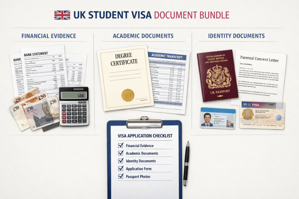 UK student visa document bundle with financial evidence, academic records, and identity documents