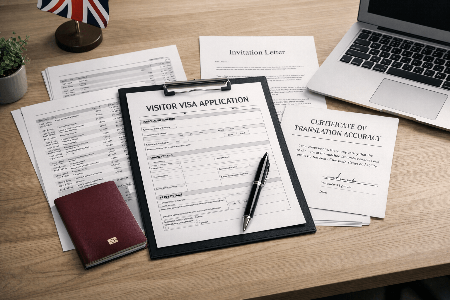 UK visitor visa document translation pack with invitation letter, financial evidence, and certified translation certificate