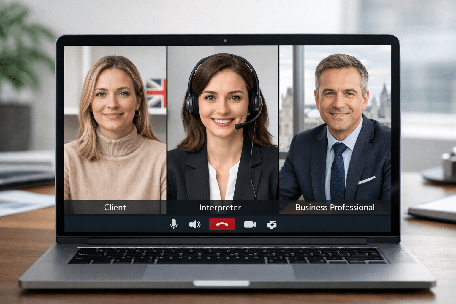 Video interpreting session between a client, interpreter, and business professional on a laptop