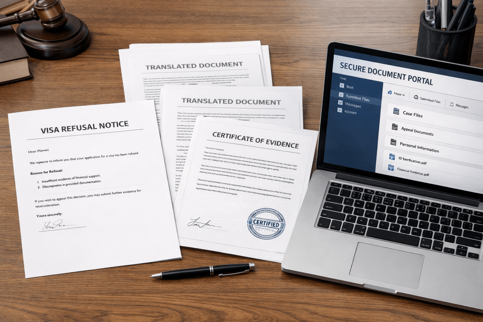 Visa refusal letter with translated evidence bundle and certified translation certificate on a UK legal office desk