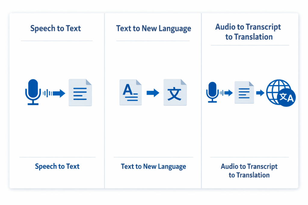 Visual comparison of transcription, translation, and a combined transcribing and translating workflow